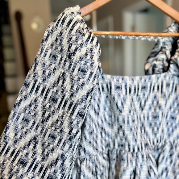 Munthe Chew Blue Ikat Puff Sleeve Babydoll Minidress Size 8 Medium with Pockets - Picture 6 of 14